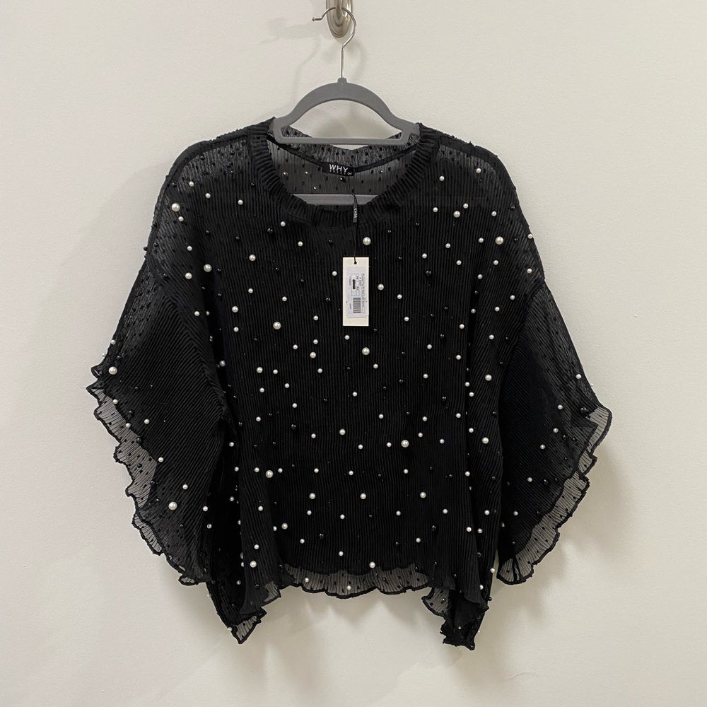 NWT Pleated Black Blouse with Beads
